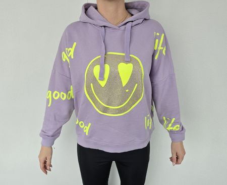 Lila Hoodie mit Smiley-Print, Grösse M, Top - Miss Goodlife