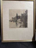 Stich Stadtansicht mit Fluss und Gebaeuden 1909 unsigniert