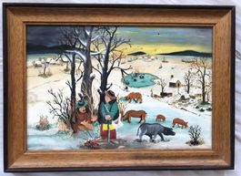 Gemälde - Naive Kunst - Winter - Kroatische Schule - gerahmt