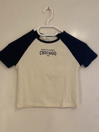 bauchfreies H&M Top, Gr. 158/164, Beige, Chicago Print