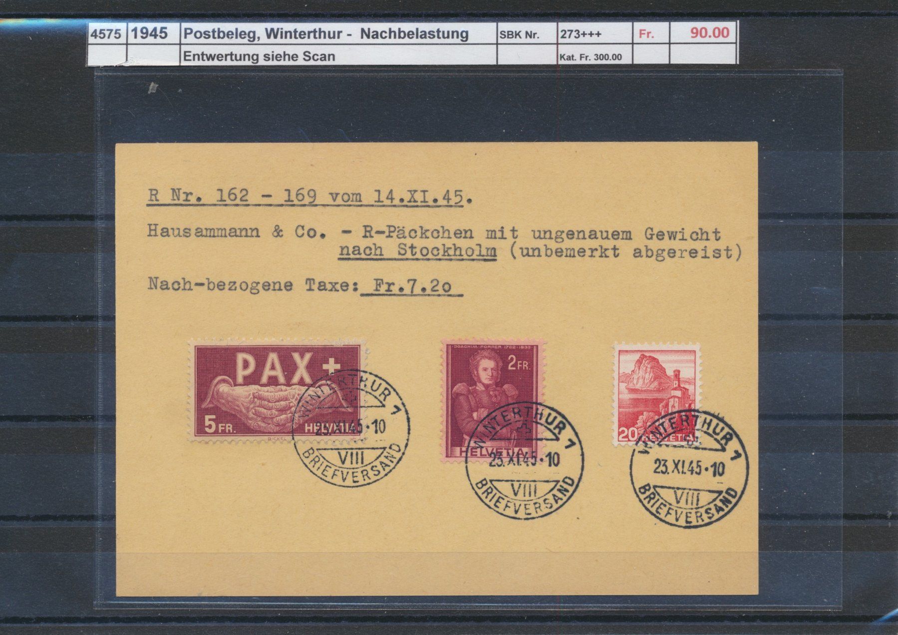 Alle Briefmarken: 1945 Postbeleg, Winterthur Post - Nachbelastung – Gebraucht aus Winterthur von Zupogeru