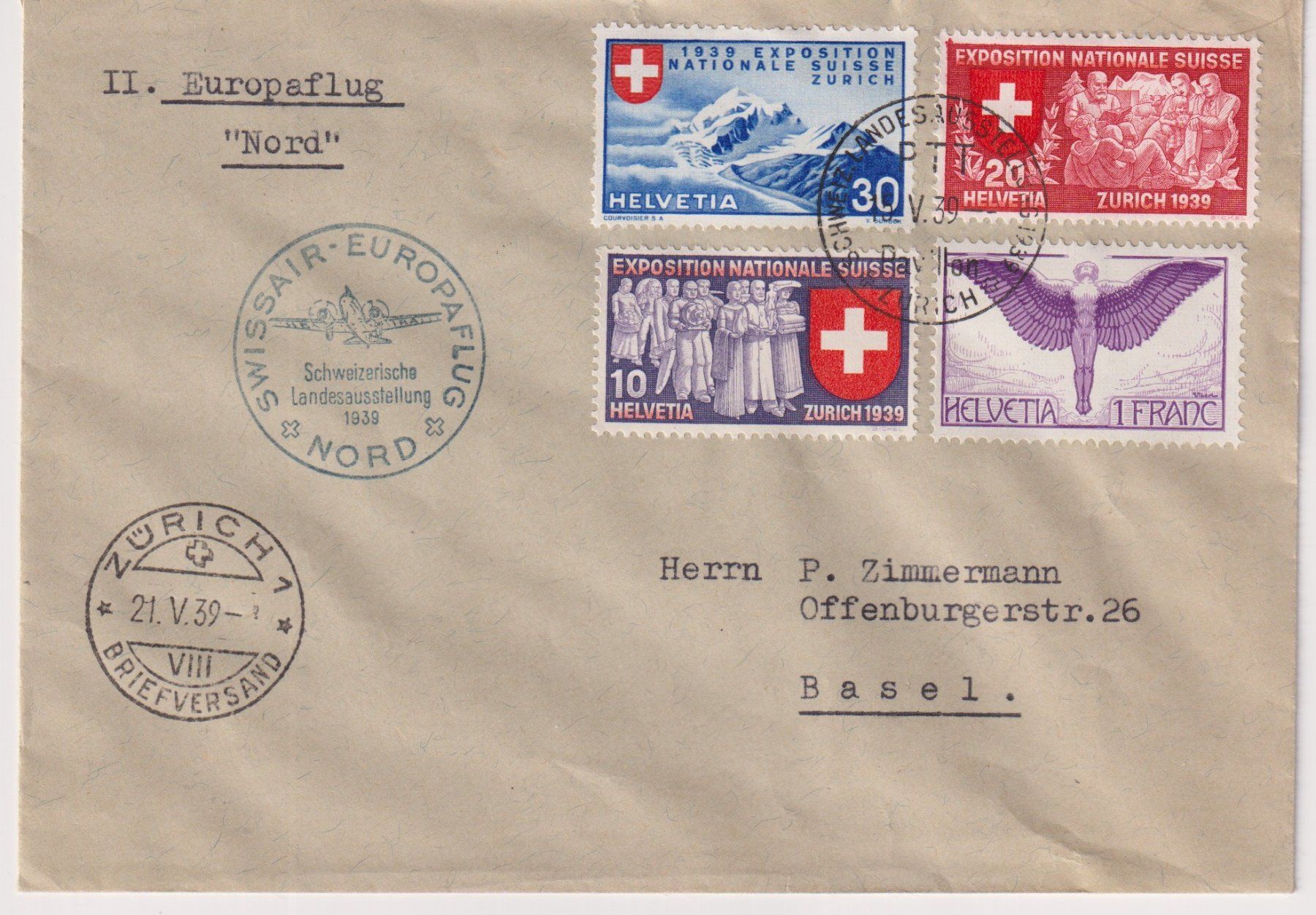Alle Briefmarken: Flugpost - 1939-, ZÜRICH-BASEL+++, top Stempel+++ – Gebraucht aus Samnaun-Compatsch von Muckimu