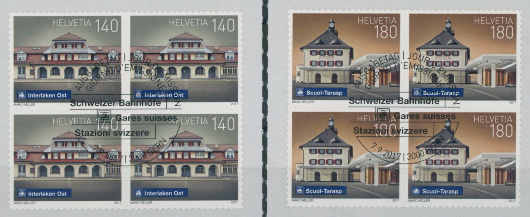 Tutti i francobolli: 2017 - Bahnhöfe III - Viererblock - Ersttag Stempel ET – Usato da Schindellegi venduto da leecollect