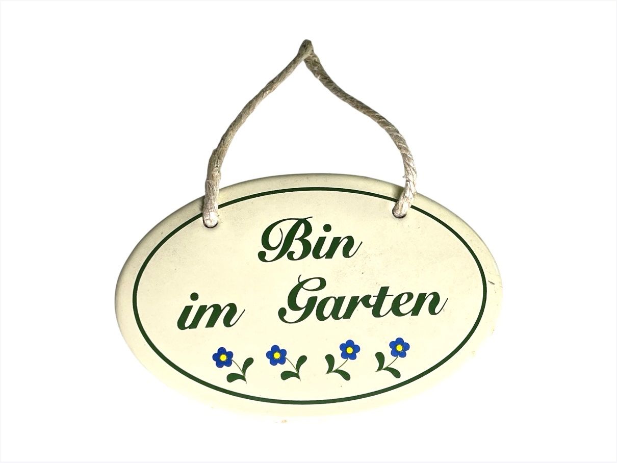Insegne: Emaile Gartenschild "Bin im Garten" oval Creme mit Blumen – Usato da Luzern venduto da woti-shop 1