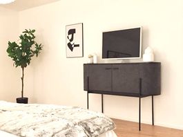 Sideboard/Highboard, schwarz mit Tür Stoff grau (Musterwhg)