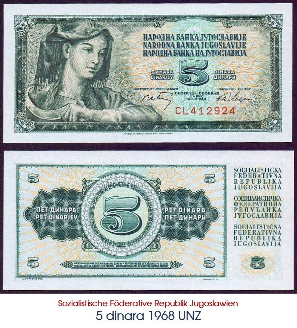 Banknoten: 5 Dinar 1968 UNZ lot 1 – Neu (gemäss Beschreibung) aus Flamatt von samowarow