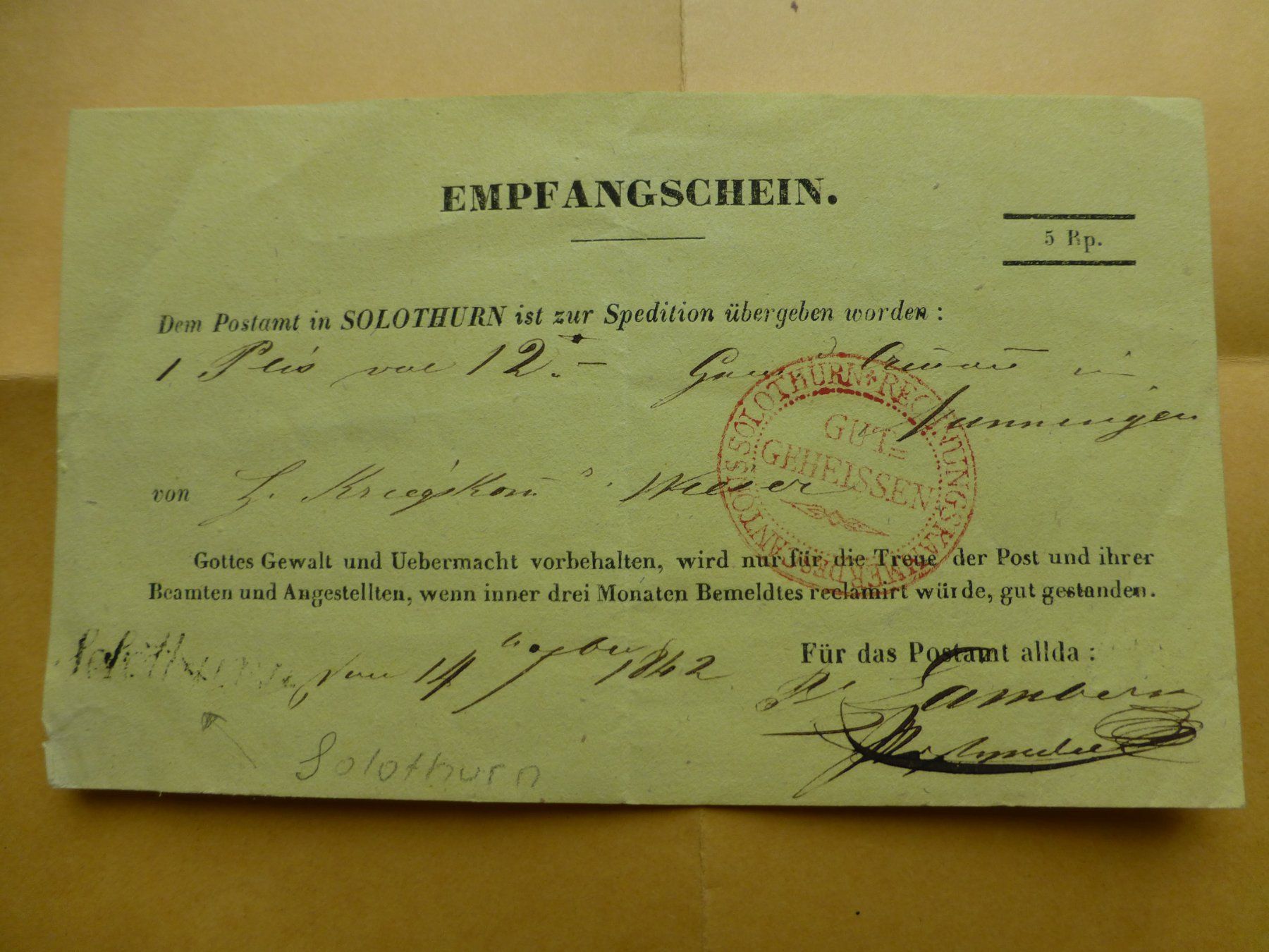 Dokumente: Solothurn, Empfangschein 14. Oktober 1842 – Gebraucht aus Bettlach von 1saurer