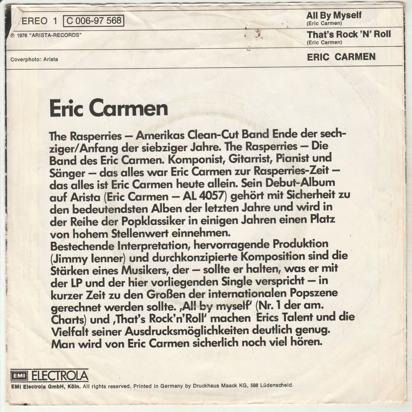 Schallplatten: Eric Carmen - All by myself 7" Vinyl 1976 – Gebraucht aus Tübach von JamesStone 1