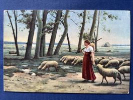 Alte Ansichtskarte Hirtin mit Schafherde - H. Lerolle 1929