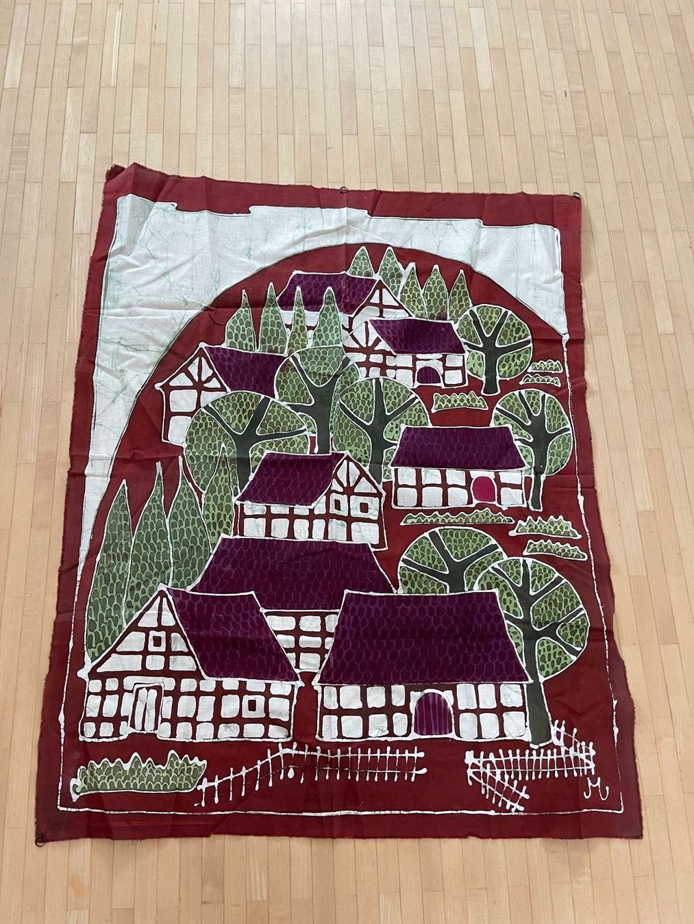 Foto & Immagini: Dekoratives Batik- Bild Riegelhäuser-Dorf mit Aufhängern – Usato da Winterthur venduto da 1956ingi 7