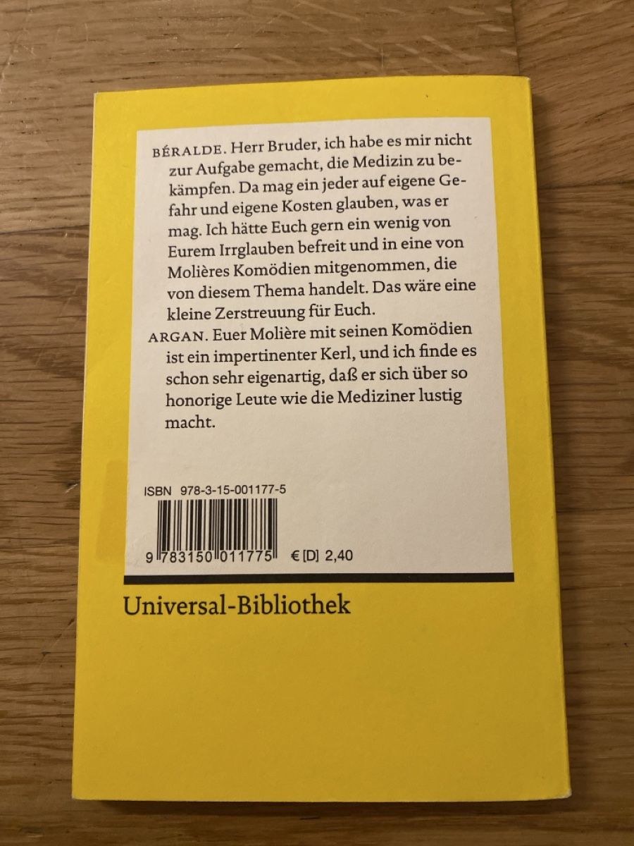 Libri: Molière: Der eingebildete Kranke - Reclam – Usato da Schmerikon venduto da tam_k9vb 1