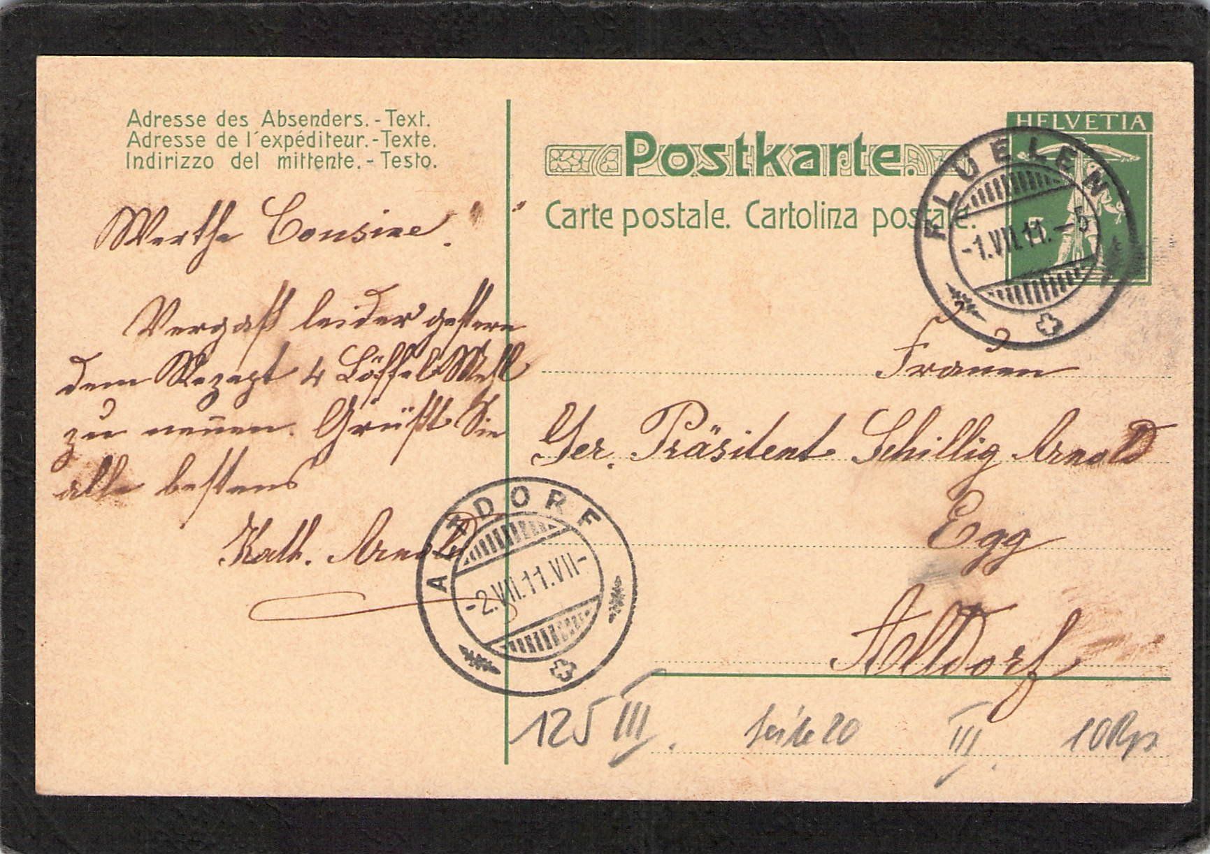 Alle Briefmarken: Suchard PK 044 Such 38 , gel. 1.Vll.1911 – Gebraucht aus Reichenburg von Pipo-67 1