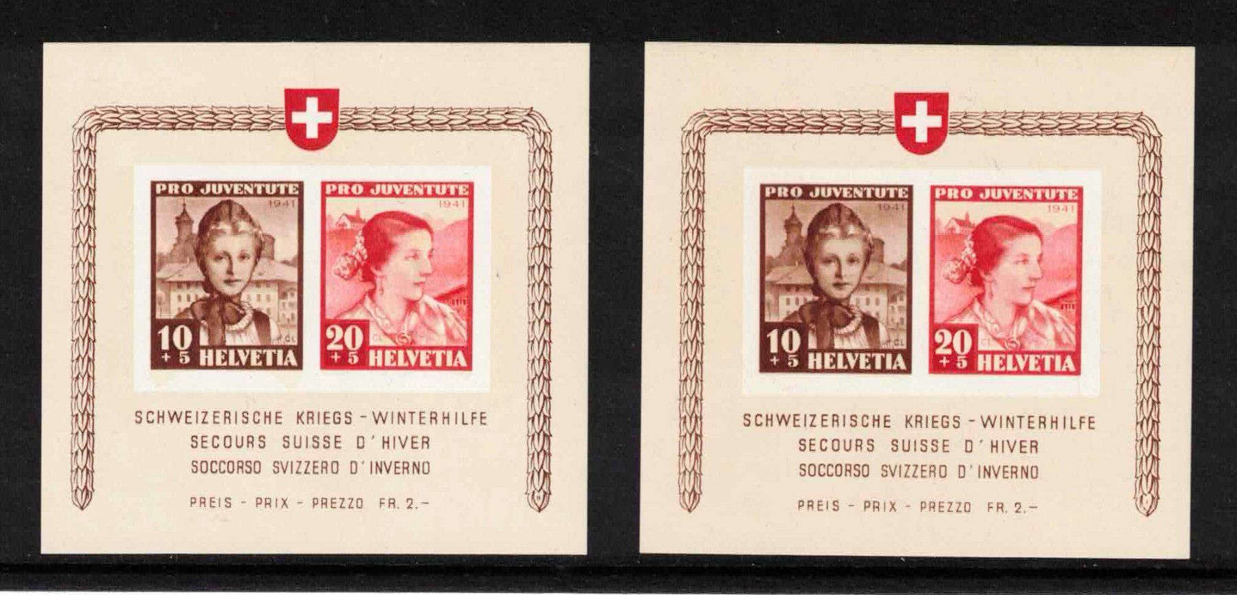 Tutti i francobolli: 2 Pro Juventute Blocks 1941 "hell - dunkel" postfrisch ** – Nuovo (secondo la descrizione) da Nuglar venduto da Stamp88