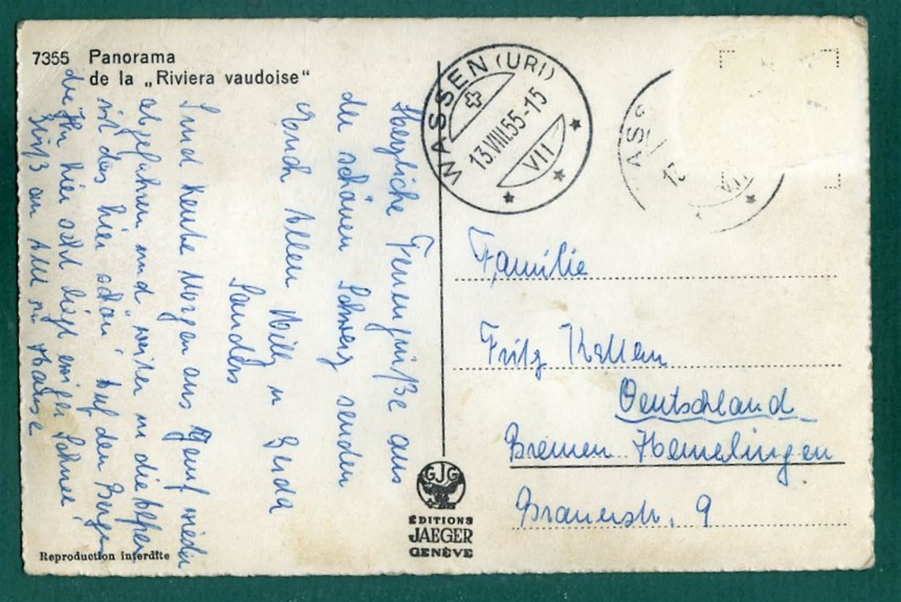 Ansichtskarten: Panorama de la "Riviera vaudoise", 1955, gelaufen – Gebraucht aus Sargans von Hausi1951 1