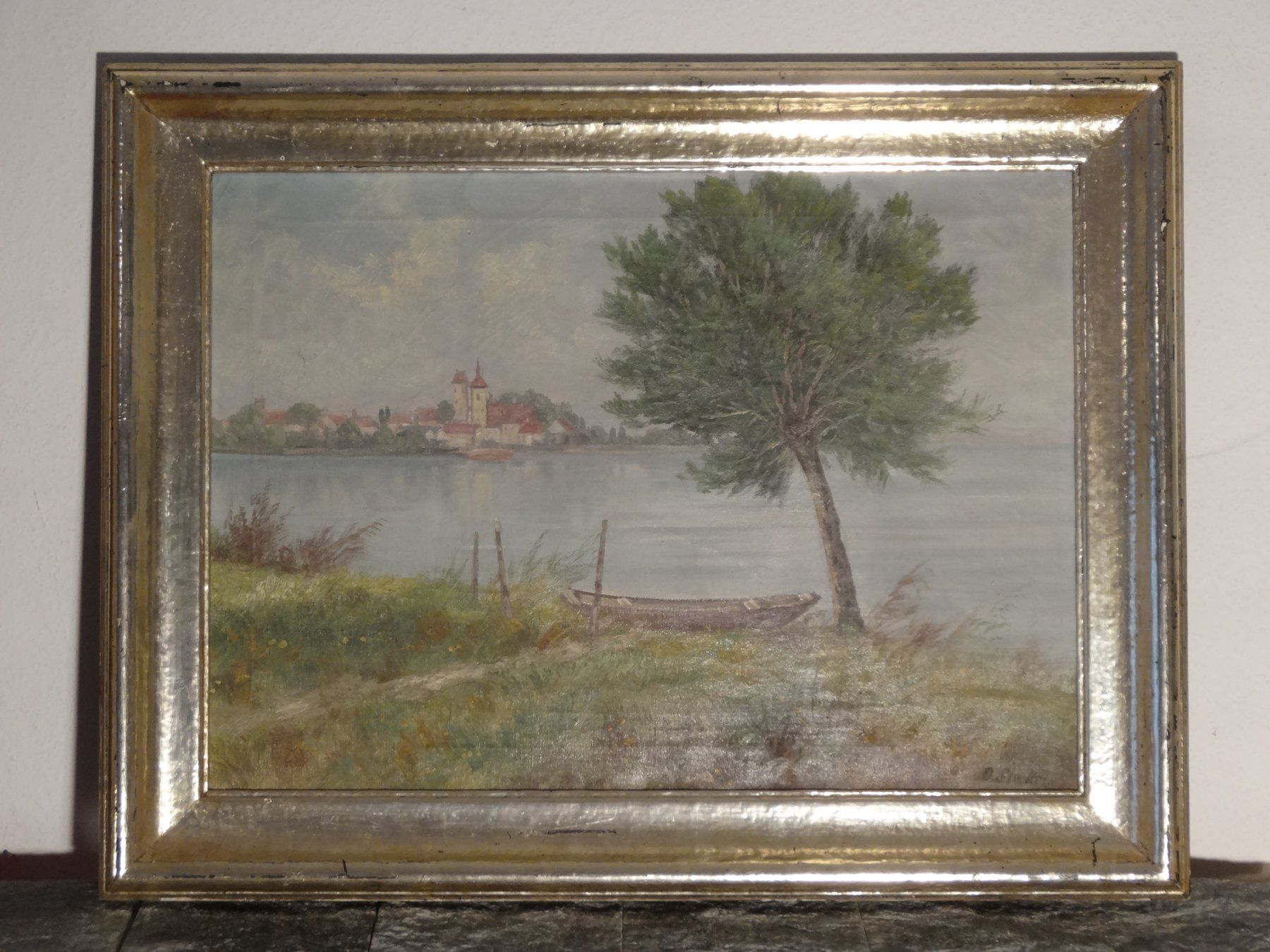 Dipinti: Originalgemälde: in Oel. "Landschaft Baum&Boot; O. Stahel" – Usato da Allschwil venduto da FindeAuserlesenes