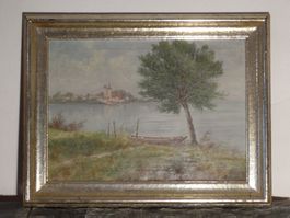 Originalgemälde: in Oel. "Landschaft Baum&Boot; O. Stahel"