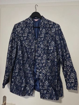 Edle Brokat-Jacke im asiatischen Stil – Dunkelblau/Silber