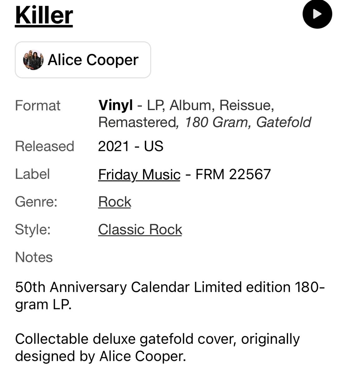 Dischi in vinile: Vinyl 180 gr, Alice Cooper, Killer, neu – Nuovo (secondo la descrizione) da Chur venduto da weda_01 2