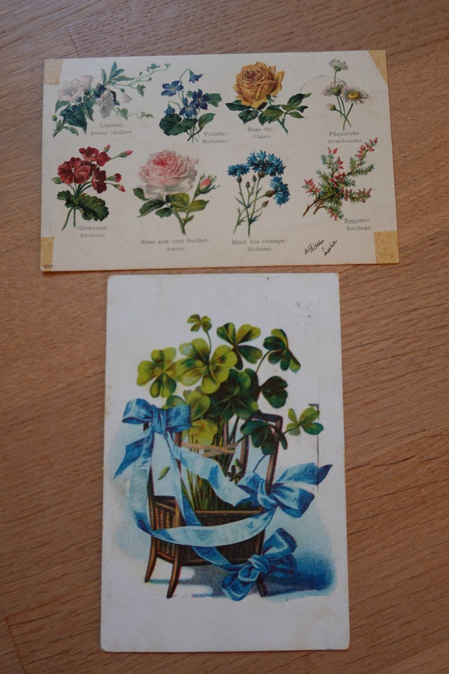 Ansichtskarten: 2 Ansichtskarten Blumenmotive Blumensprache Glücksklee – Gebraucht aus Jona von simongarden 4
