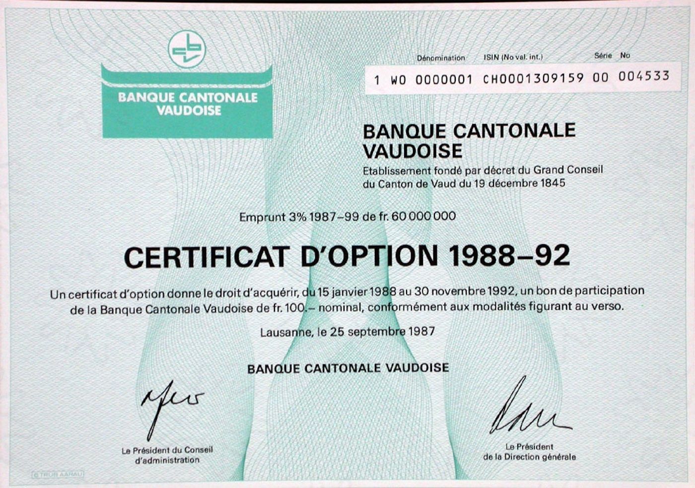Documenti: Banque Cantonale Vaudoise, Lausanne - 1987 – Usato da Solothurn venduto da Sgasche