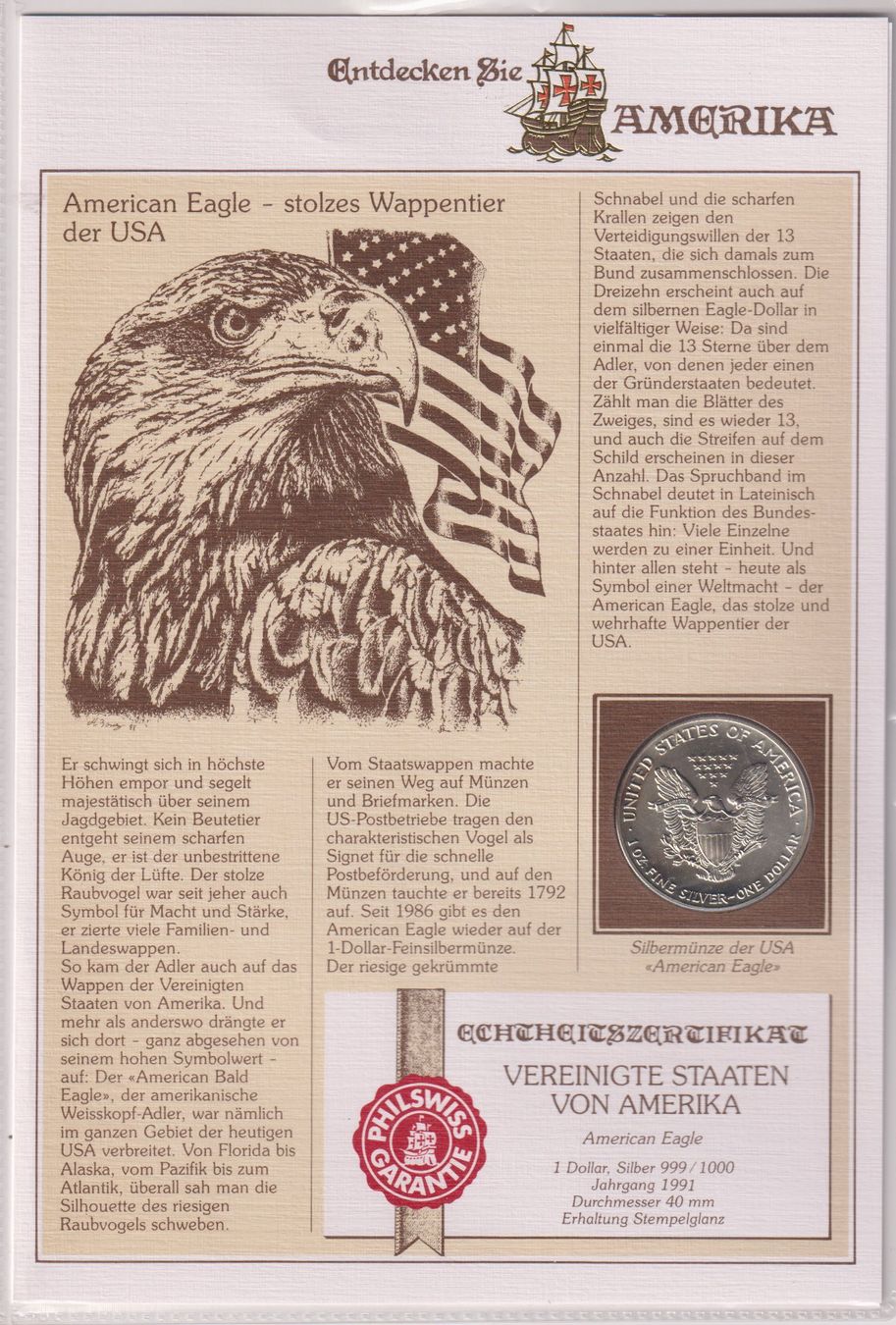 Alle Münzen: USA Silberdollar Eagle1991 'Entdecken Sie Amerika' – Gebraucht aus Eschlikon TG von PhilCon