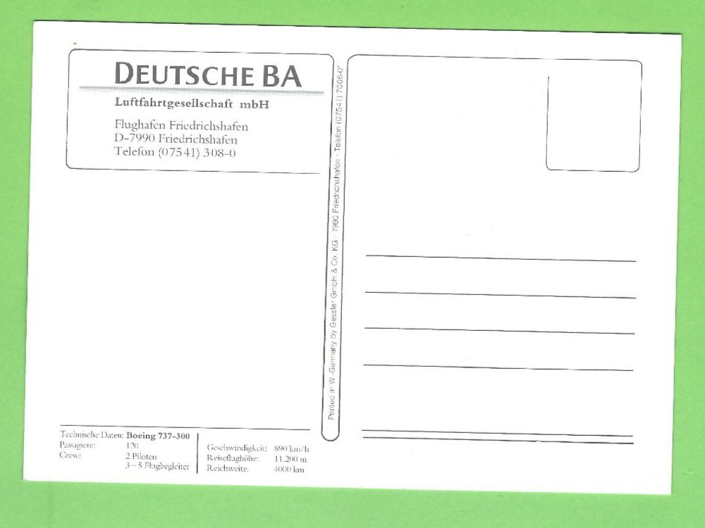 Cartoline postali: Deutsche BA  Boeing 737-300 – Usato da Zürich venduto da t24_de 1