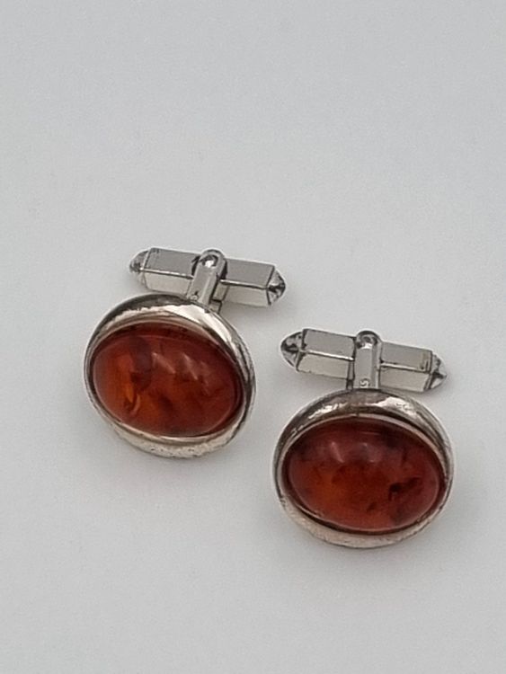 Herren Manschettenknöpfe Aus 925er Silber Mit Bernstein – EU-gefertigt, Anlaufgeschützt, 15x6 Mm