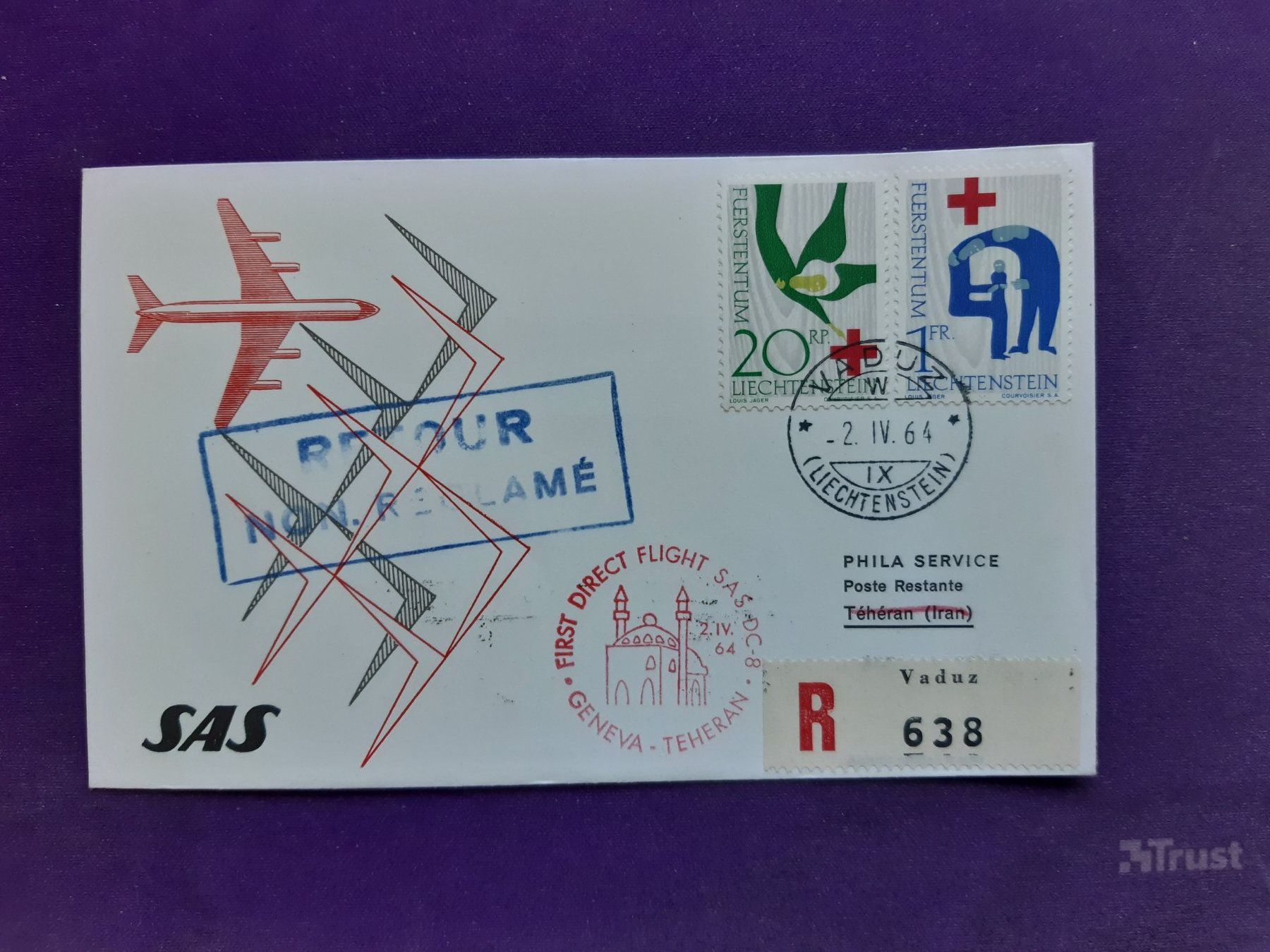 Tutti i francobolli: Flugbrief mit SAS, eingeschrieben, Genf - TEHERAN 2.IV.64 – Usato da Wangs venduto da weisstannen01