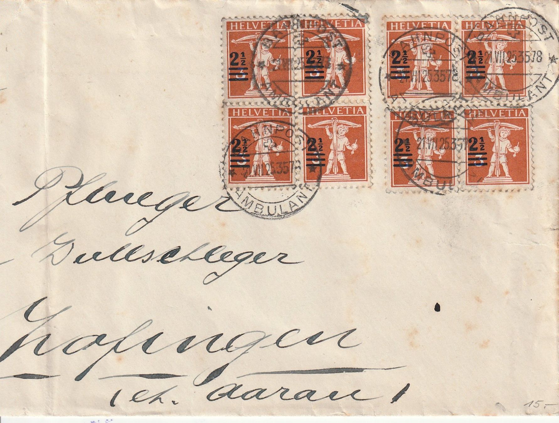 Tous les timbres: Brief- 2 Viererblöcke-Bahnpoststempel 1925 – D'occasion à uttwil par Koehlerfred