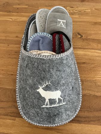 Hausschuhtasche Filz grau mit Hirsch Motiv neuwertig