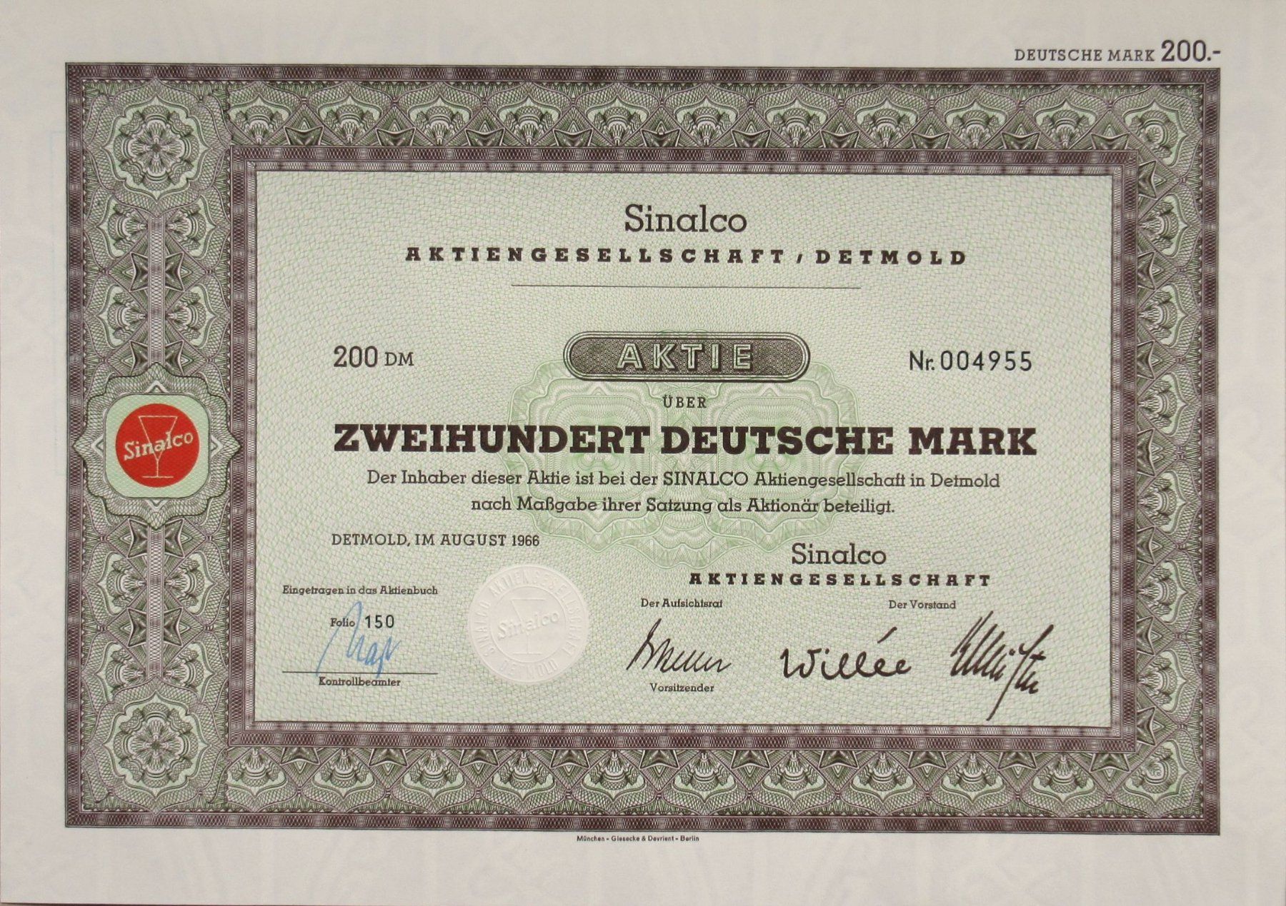 Documenti: original SINALCO AKTIENGESELLSCHAFT DETMOLD 1928 + 1966 – Usato da Lohn-Ammannsegg venduto da rrrikko 3