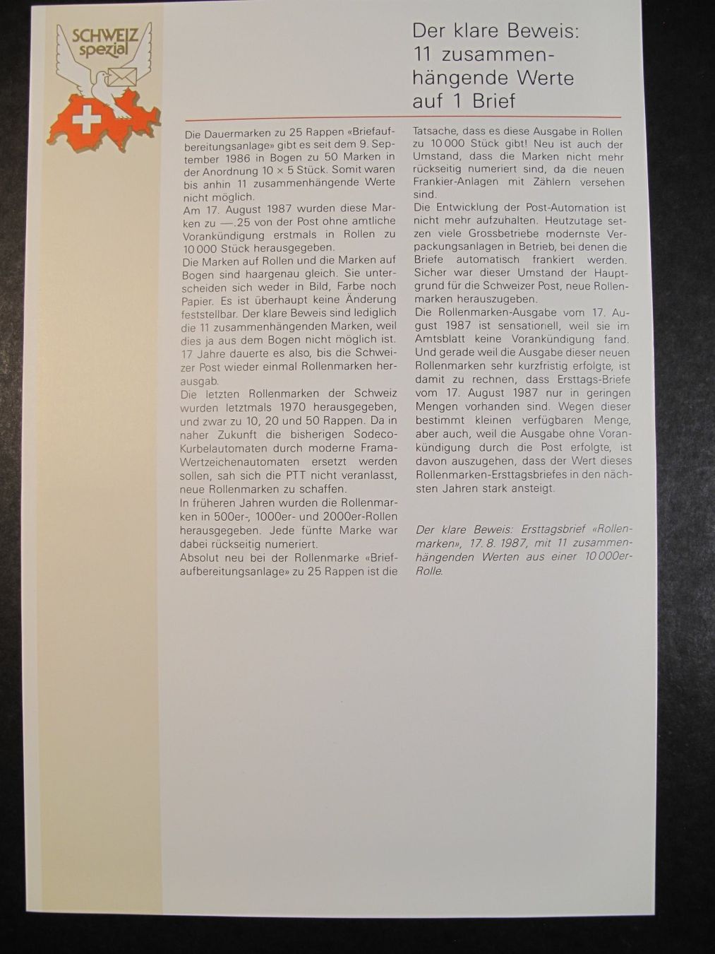 Tutti i francobolli: Schweiz FDC 1987 Postsortierung Rollenmarken ET C5 – Usato da Wil SG venduto da fva01 1
