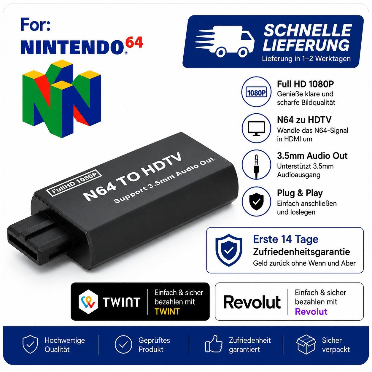 Nintendo Laufwerke & Adapter: Nintendo 64 HDMI Adapter Adaptateur N64 – Neu und originalverpackt aus Montreux von CABLEKABEL