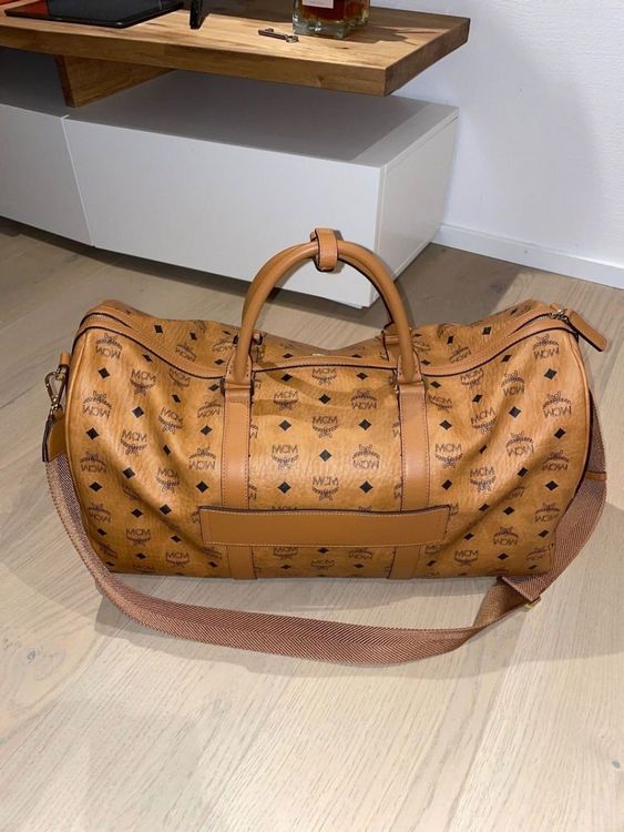 Sac de voyage vintage MCM Weekender 55 cognac marron avec logo imprimé