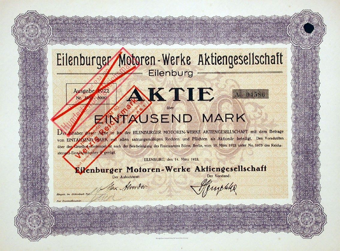 Dokumente: Eilenburger Motoren-Werke AG, Eilenburg - 1922 – Gebraucht aus Solothurn von Sgasche