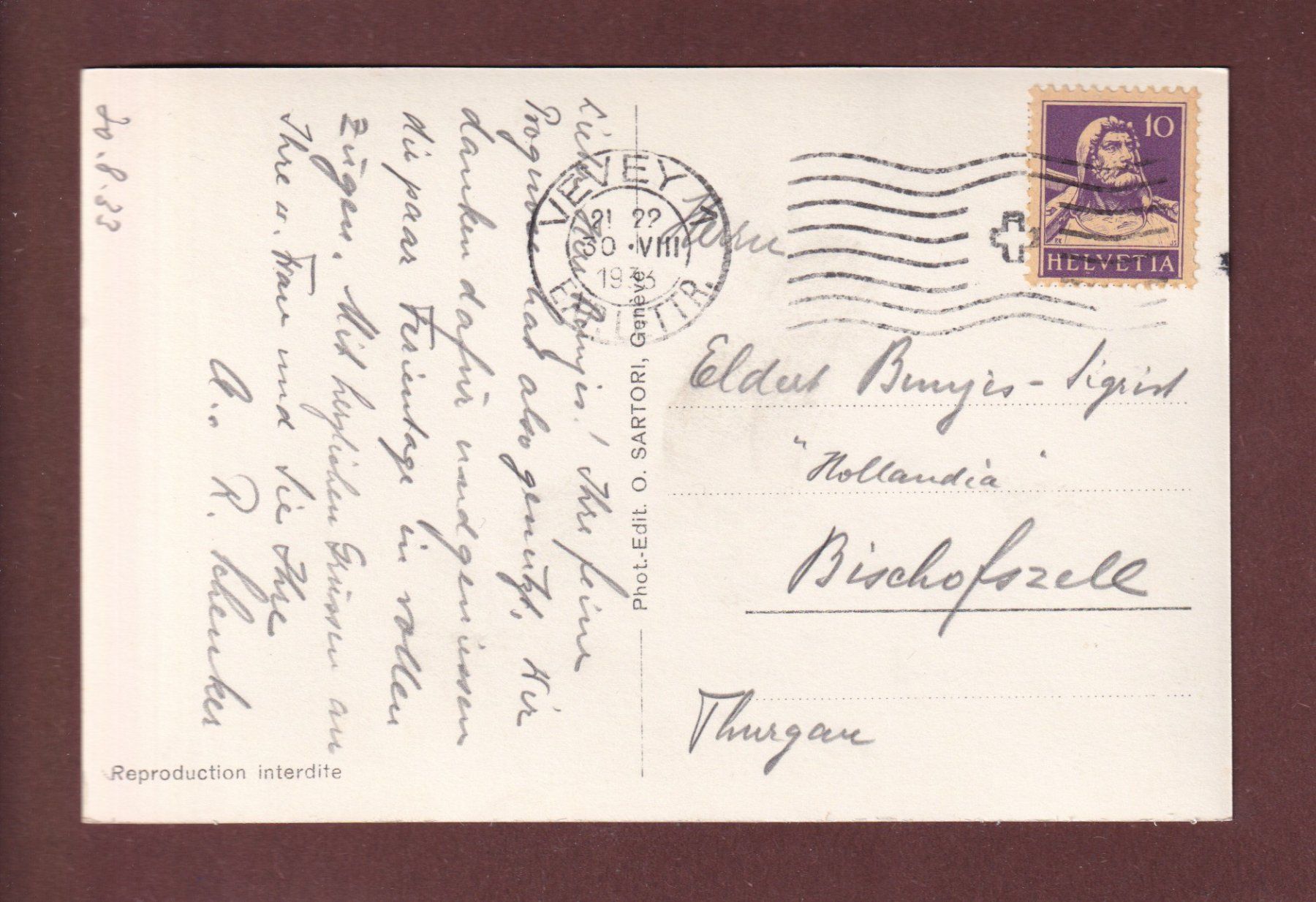 Cartoline postali: VEVEY - Dents du Midi - 1933 – Usato da Pully venduto da nicecards-shop 1