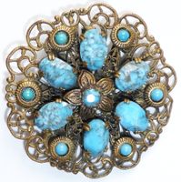 Schöne Übergangs-/Art-Deco Brosche, Filigran + Kunsttürkise