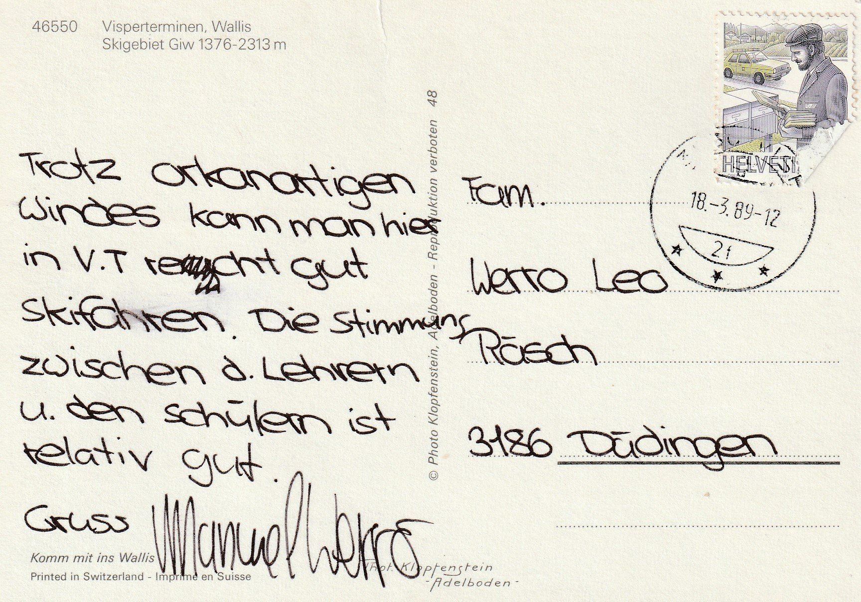 Cartoline postali: AK Visperteminen - gel. 18.3.1989 – Usato da Fribourg venduto da schnalla92 1