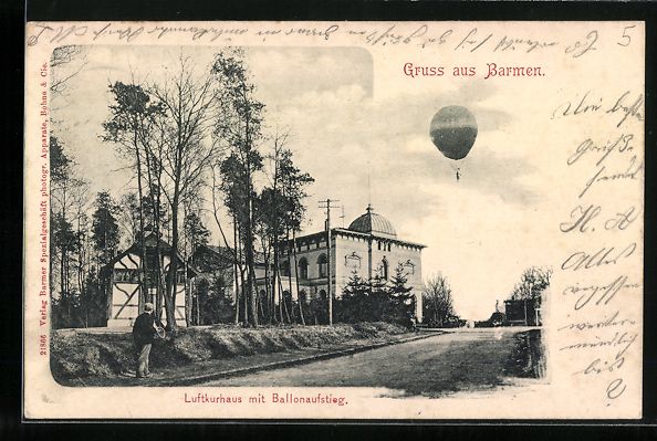 Cartoline postali: Barmen, Luftkurhaus mit Ballon-Aufstieg – Usato da Berlin venduto da bartko-reher