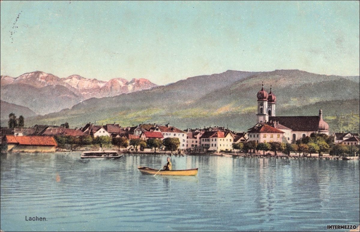 Ansichtskarten: Lachen SZ // 1914 Boot Dorf Kirche – Gebraucht aus Basel von intermezzo12