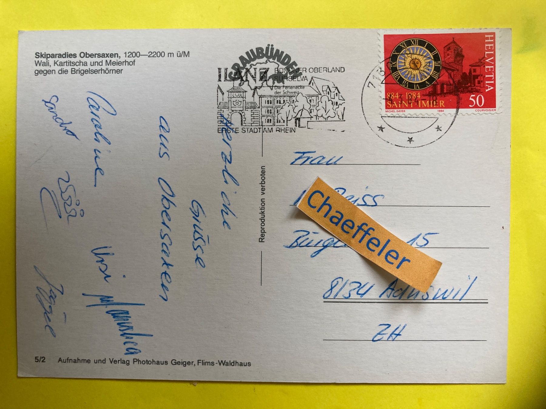 Cartoline postali: 1984 Skiparadies Obersaxen – Usato da Zürich venduto da Chaeffeler 1