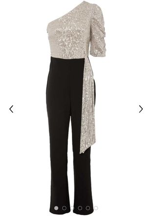 Eleganter Pailletten-Jumpsuit, One-Shoulder, Schwarz/Gold