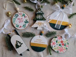 Handpainted Christmas Ornaments Set - Green Gold Xmas Bauble
