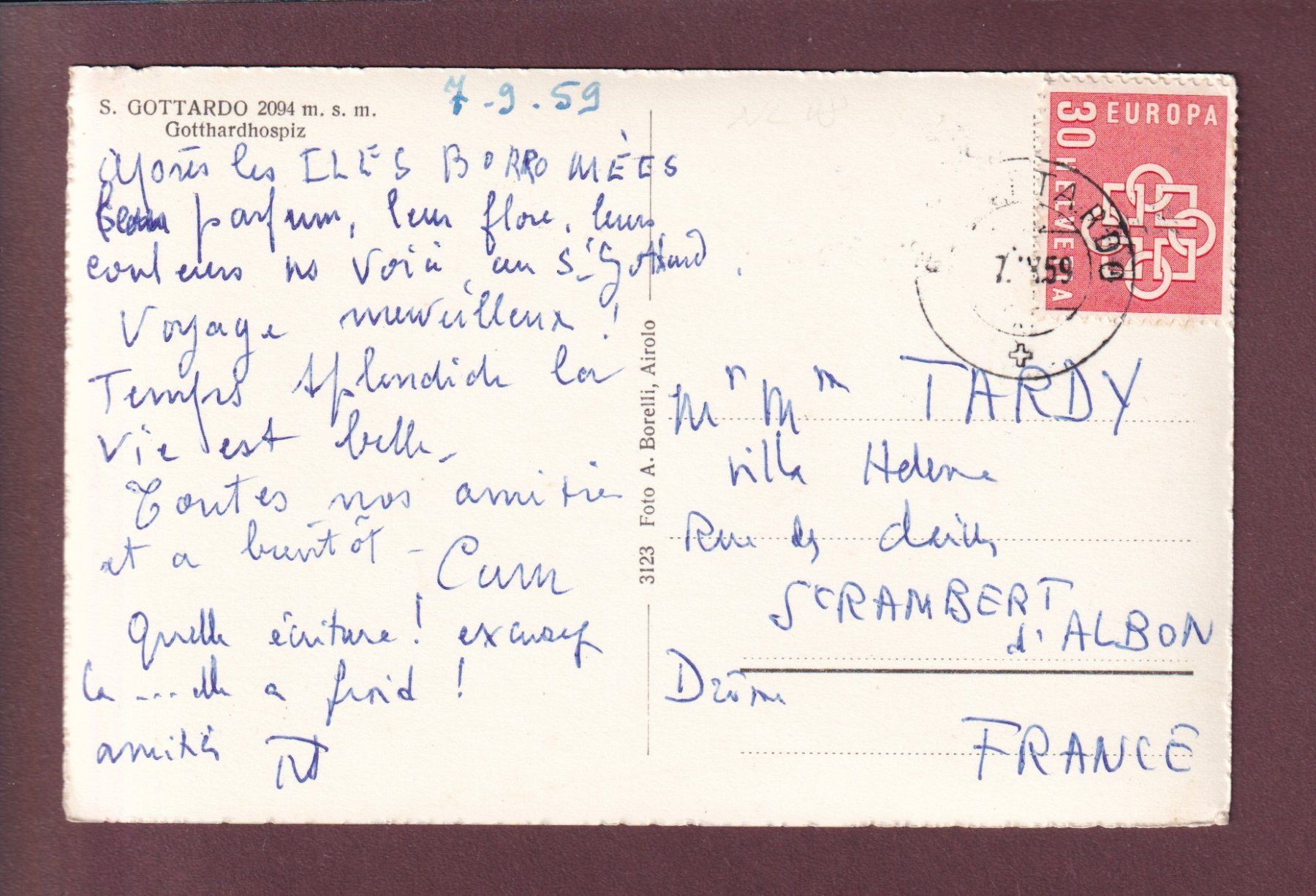 Cartoline postali: GOTTHARD - Hospiz - 1959 – Usato da Pully venduto da nicecards 1