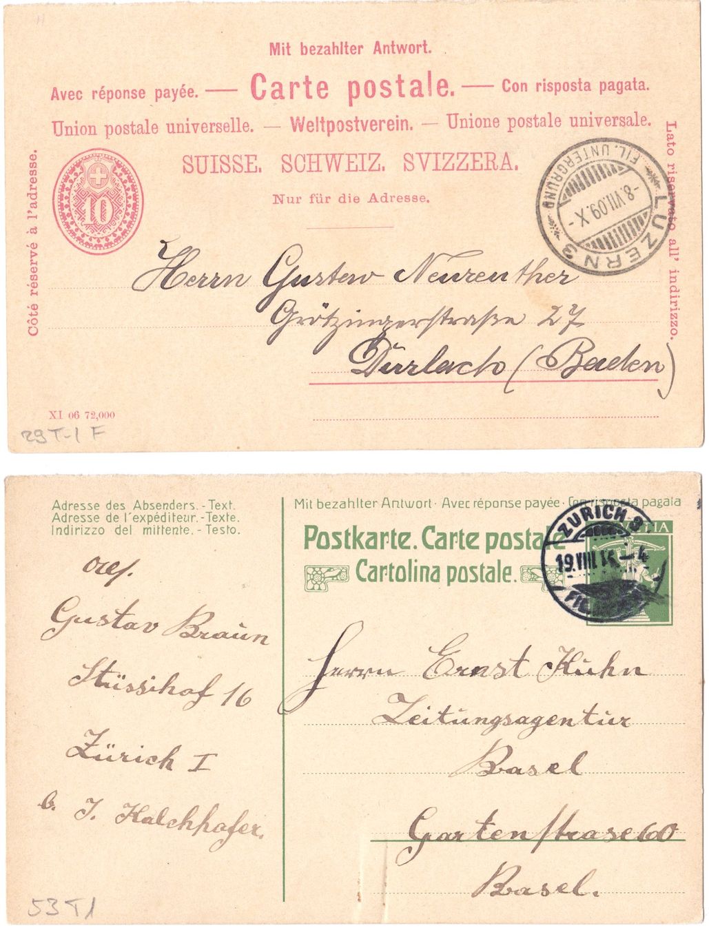 Tutti i francobolli: 4 PK mit bezahlter Antwort - Réponse - Risposta, 1909-14 – Usato da Basel venduto da riobar 2