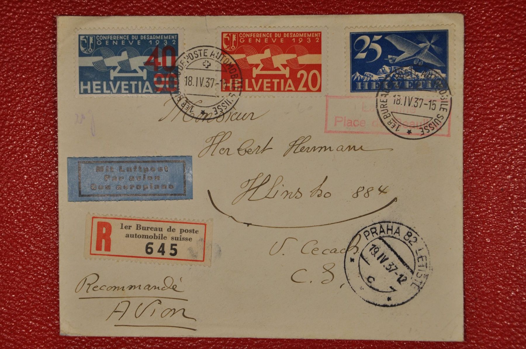 Tutti i francobolli: 1937 R-Luftpost nach Prag – Usato da Wolfhalden venduto da Zinauktion