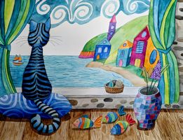Original Aquarell "am Meer" Katze Bild naive Kunst