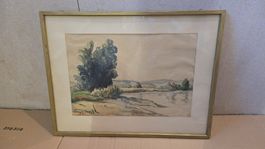 Original Aquarell-Landschaft im Rahmen,27x40.5cm