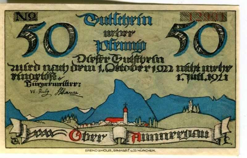 Banconote: Notgeld "50 Pfennig. Oberammergau 1921" – Usato da Basel venduto da Butsch5 1