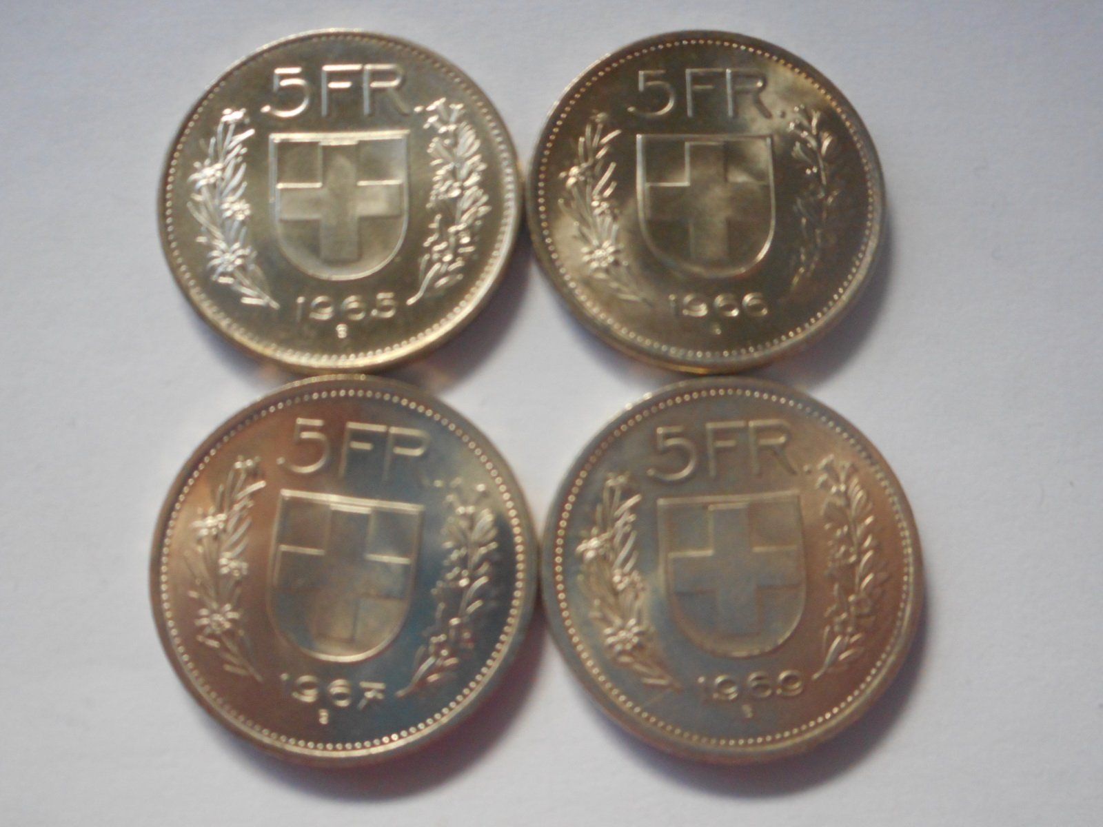 Alle Münzen: 4 x 5 Fr. silber 1965/66/67/69 – Neu (gemäss Beschreibung) aus Kriegstetten von pizlad2010